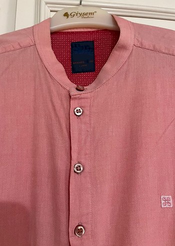 Düğmeli, Yuvarlak Yaka, Pembe Erkek Pamuk Gömlek