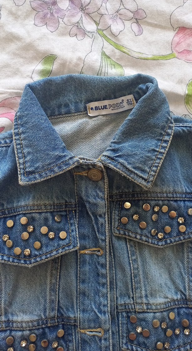 Nakışlı ve Düğmeli Mavi kiz cocuk Kot Ceket - Görsel 3