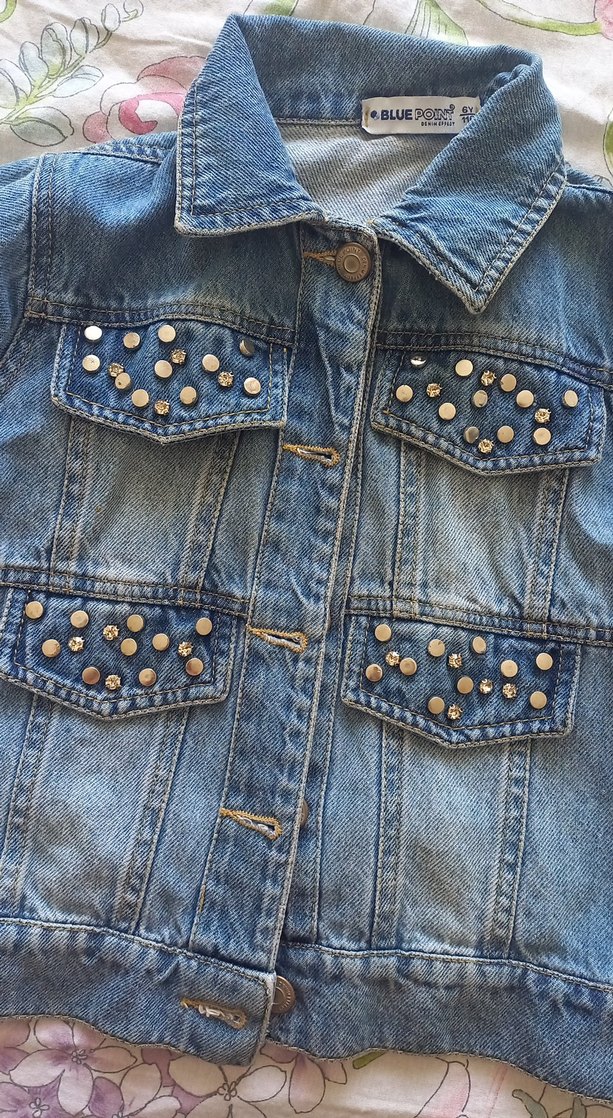 Nakışlı ve Düğmeli Mavi kiz cocuk Kot Ceket - Görsel 4