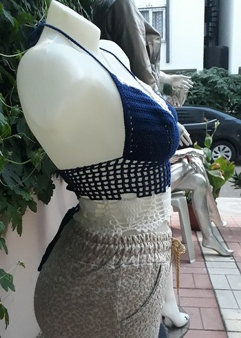 Lacivert beyaz Dantel Detaylı Bohem Büstiyer - Görsel 4