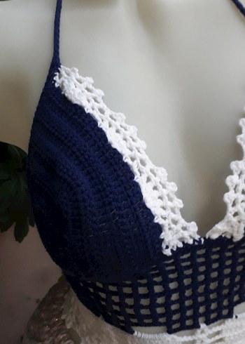 Lacivert beyaz Dantel Detaylı Bohem Büstiyer - Görsel 3