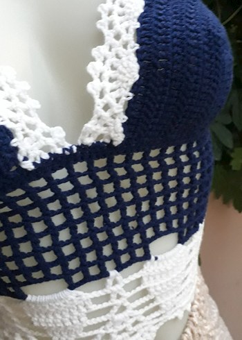 Lacivert beyaz Dantel Detaylı Bohem Büstiyer - Görsel 2