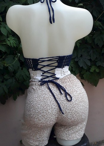 Lacivert beyaz Dantel Detaylı Bohem Büstiyer - Görsel 5