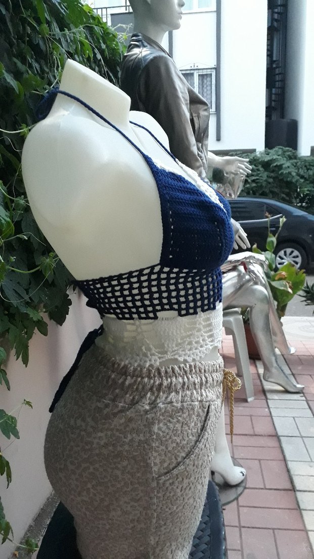 Lacivert beyaz Dantel Detaylı Bohem Büstiyer - Görsel 4