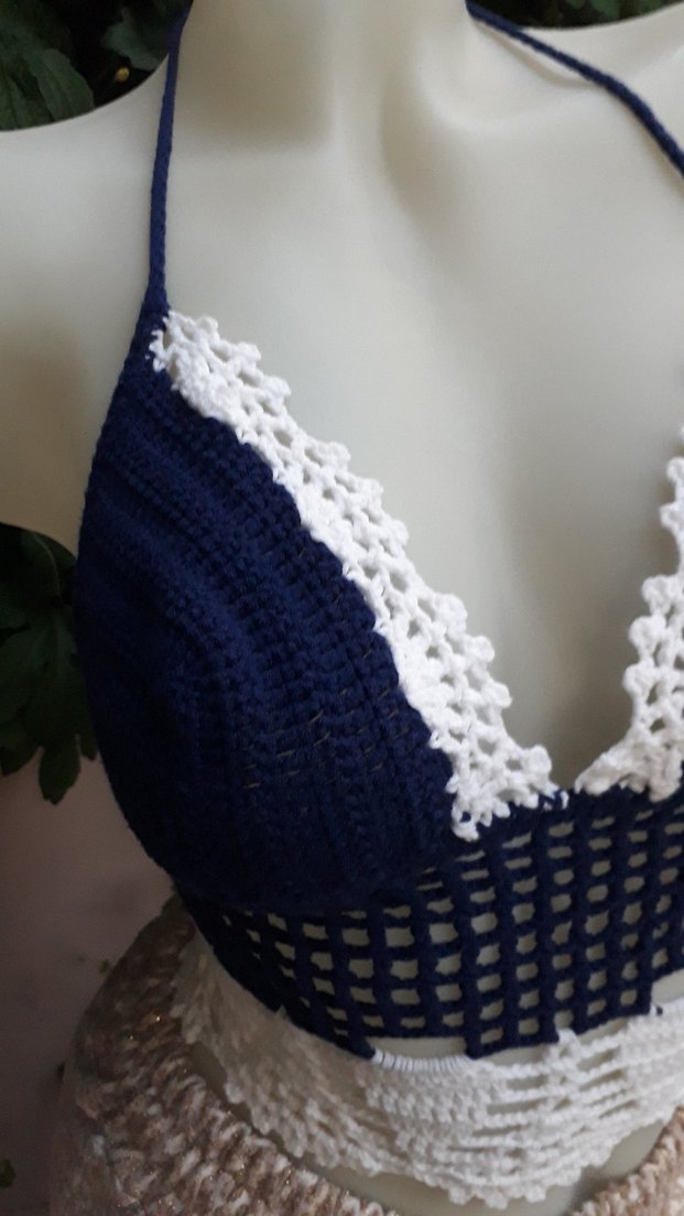 Lacivert beyaz Dantel Detaylı Bohem Büstiyer - Görsel 3