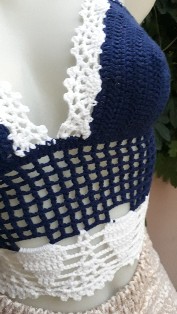 Lacivert beyaz Dantel Detaylı Bohem Büstiyer - Görsel 2