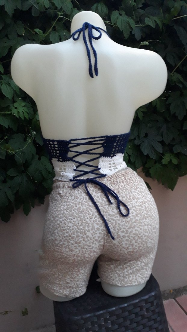 Lacivert beyaz Dantel Detaylı Bohem Büstiyer - Görsel 5