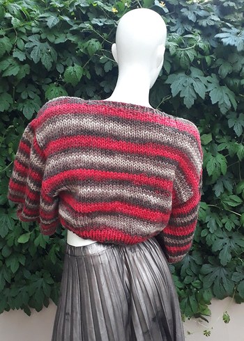 Gri Bohem Uzun Salaş Kollu Kısa Triko Kazak - Görsel 4