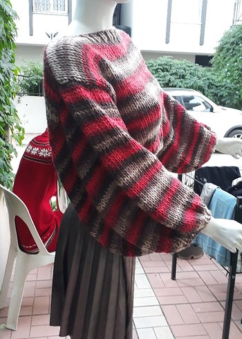 Gri Bohem Uzun Salaş Kollu Kısa Triko Kazak - Görsel 2