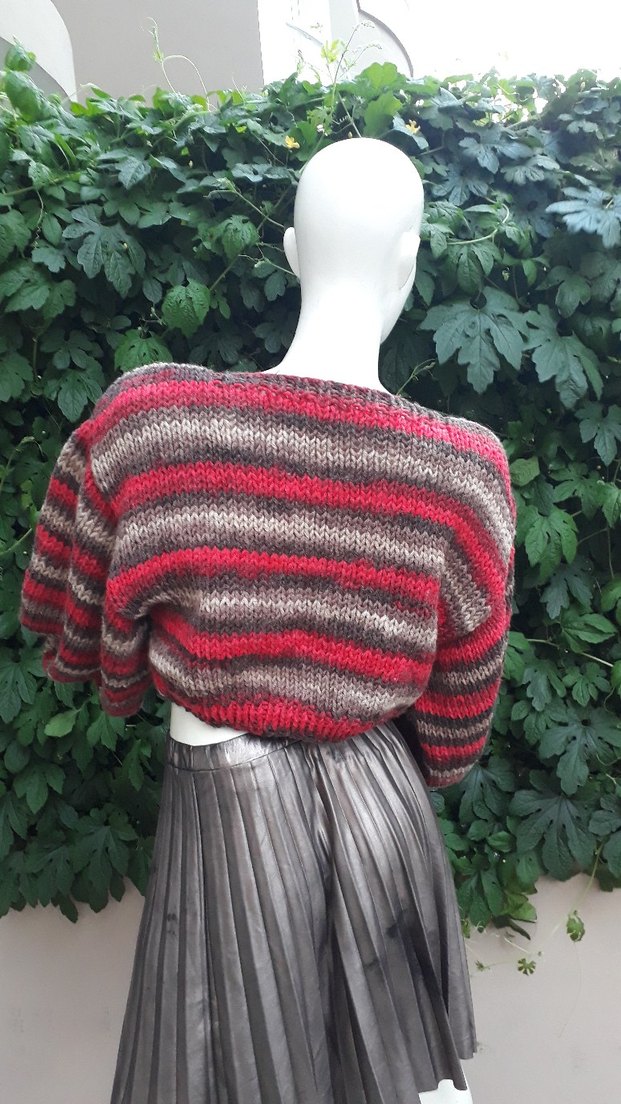 Gri Bohem Uzun Salaş Kollu Kısa Triko Kazak - Görsel 4