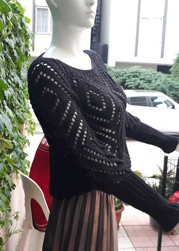 Siyah Örgü Bohem Mevsimlik Kadın Kazak - Görsel 2