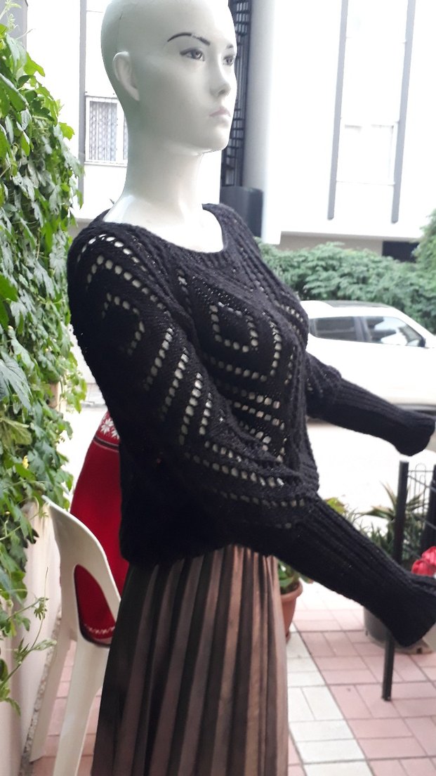 Siyah Örgü Bohem Mevsimlik Kadın Kazak - Görsel 2