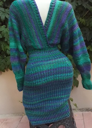 Bohem Çok Renkli Uzun Kollu El Örgüsü Triko Elbise - Görsel 3