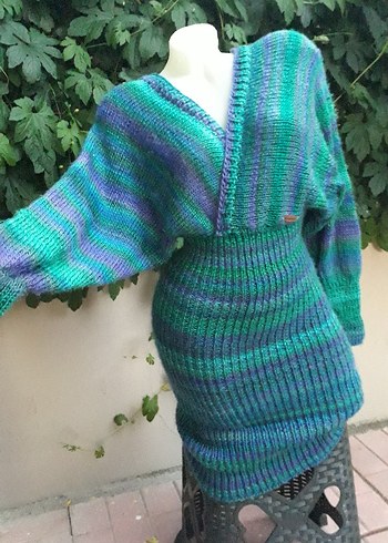 Bohem Çok Renkli Uzun Kollu El Örgüsü Triko Elbise - Görsel 2