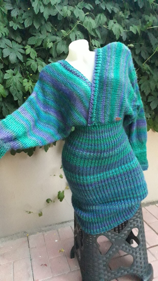 Bohem Çok Renkli Uzun Kollu El Örgüsü Triko Elbise - Görsel 2