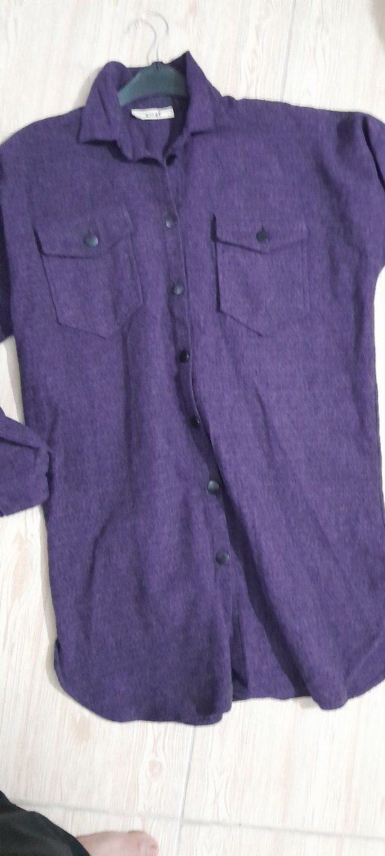 Uzun Kollu Düğmeli Mor ince kaşe kumaş Gömlek tunik - Görsel 2