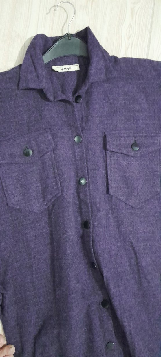 Uzun Kollu Düğmeli Mor ince kaşe kumaş Gömlek tunik - Görsel 3