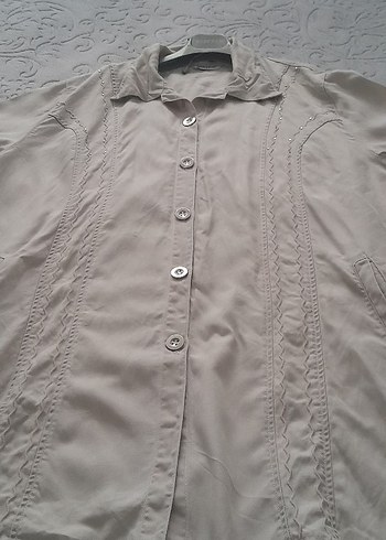 Bej Keten Düğmeli Uzun Kollu Gömlek - Görsel 5