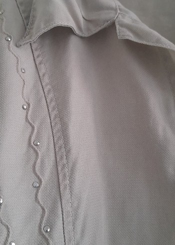 Bej Keten Düğmeli Uzun Kollu Gömlek - Görsel 3