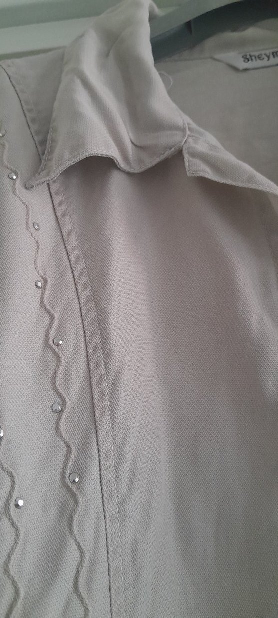 Bej Keten Düğmeli Uzun Kollu Gömlek - Görsel 3