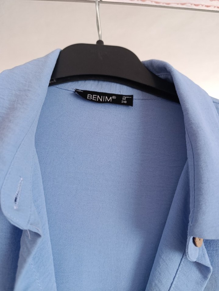 Uzun Kollu Mavi Keten Kadın Gömlek - Görsel 2