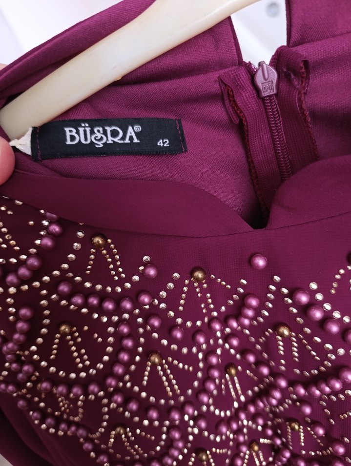 Bordo İşlemeli Uzun Kollu Abiye Elbise - Görsel 4