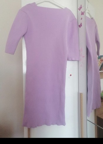 Mor V Yaka Midi Triko Elbise standart beden . - Görsel 2