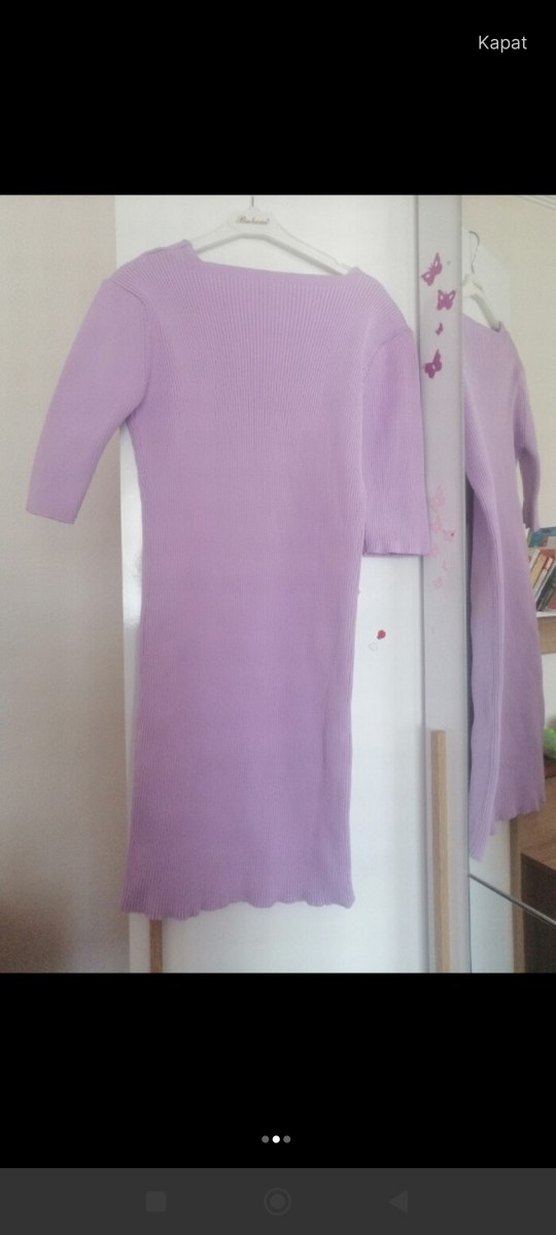 Mor V Yaka Midi Triko Elbise standart beden . - Görsel 2