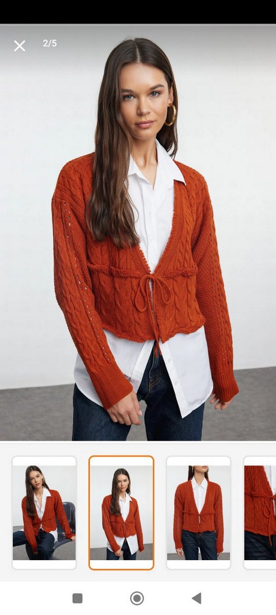 V Yaka Örgü Kiremit Kadın Kazak - Görsel 3