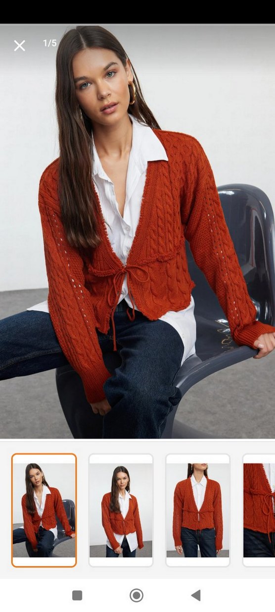 V Yaka Örgü Kiremit Kadın Kazak - Görsel 2