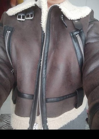 Kürk Detaylı Kahverengi Deri Kadın Zara Biker Ceket - Görsel 6
