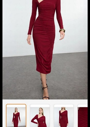 Bordo Uzun Drapeli V Yaka Elbise - Görsel 2