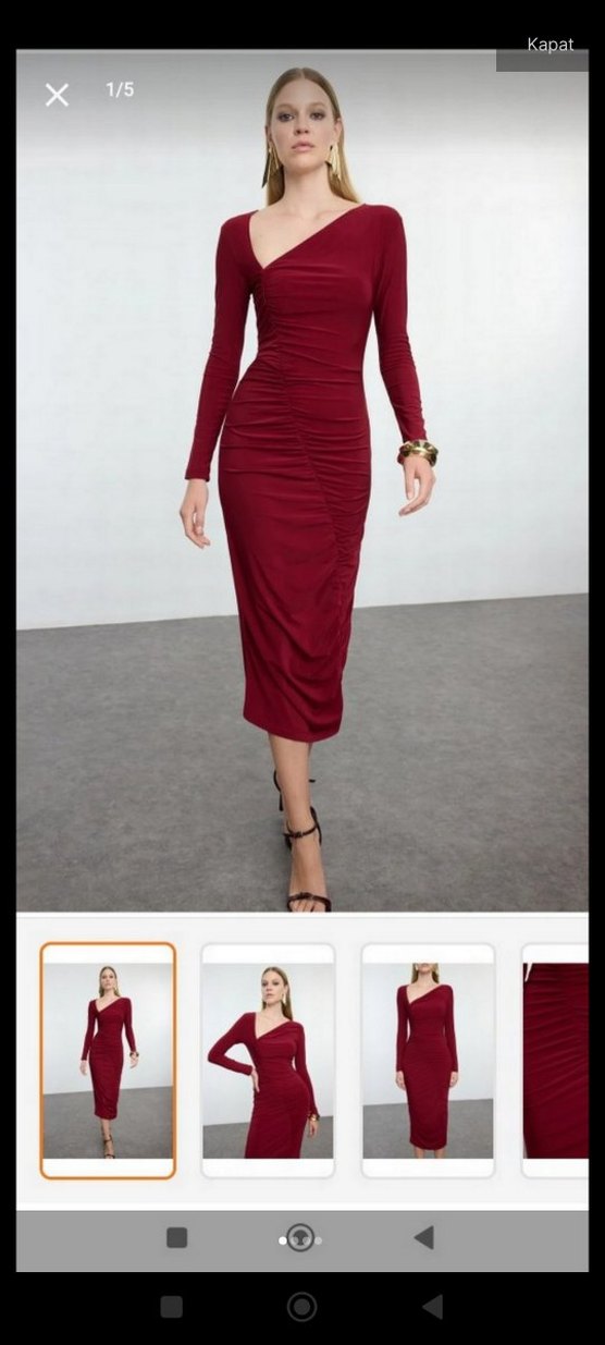 Bordo Uzun Drapeli V Yaka Elbise - Görsel 2