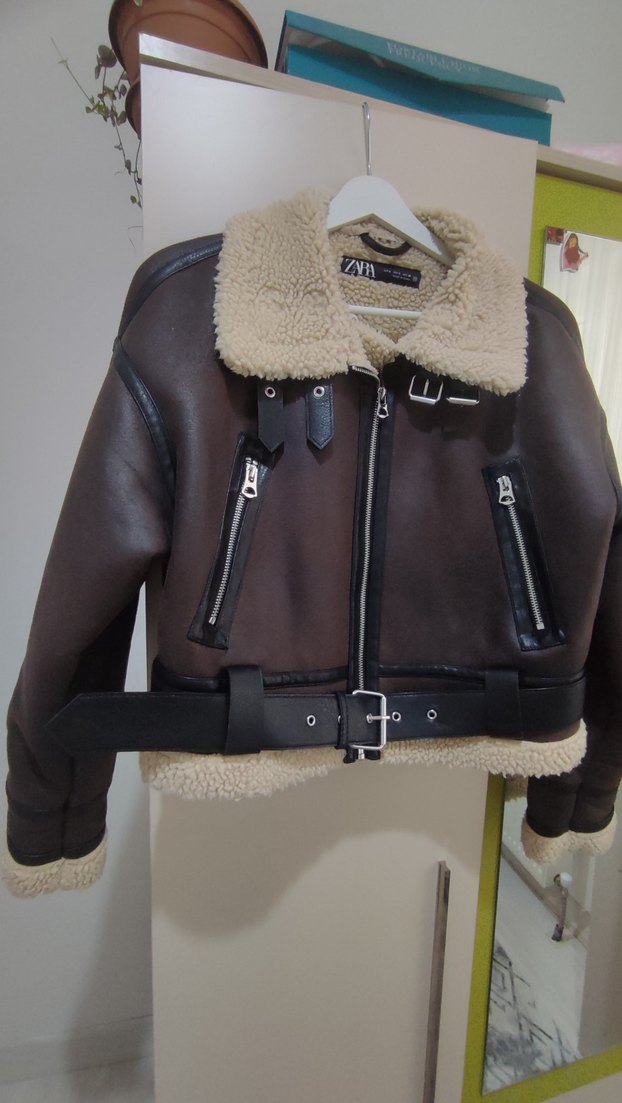 Kemerli Kahverengi Kısa Kadın Mont Ceket Biker Ceket - Görsel 2