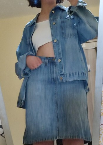 Kadın Mavi Denim Midi Ceket ve Etek takım