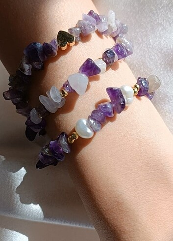 Accessorize İncili kalpli ametist kırıktaş kolye&bileklik 