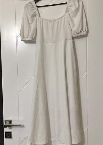 m Beden Beyaz Midi Elbise, Pile Detaylı, Kısa Kollu