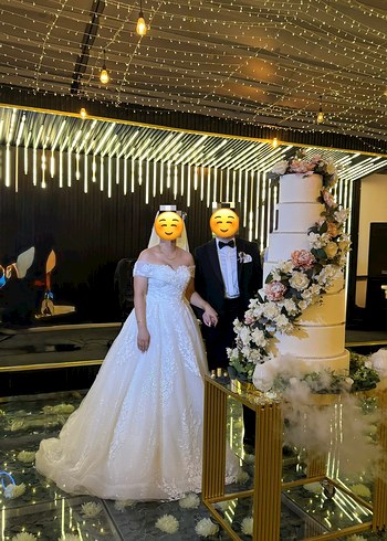 42 Beden Düşük Omuz Tül Dantel Prenses Model Gelinlik