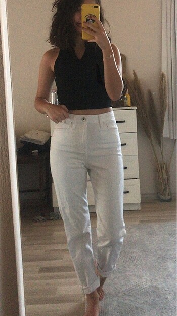 xs Beden beyaz Renk Mavi gold mom jeans