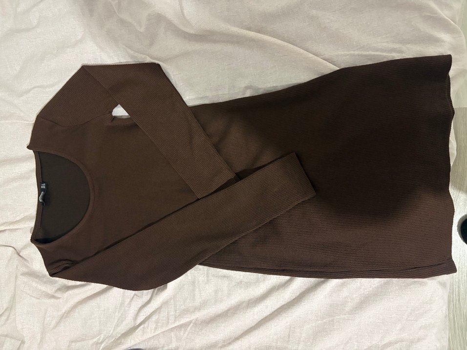 Kahverengi Uzun Kollu Midi Kadın Triko Elbise - Görsel 2