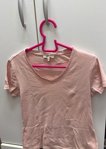 Kadın Pembe V Yakalı Kısa Kollu Tişört - Görsel 4