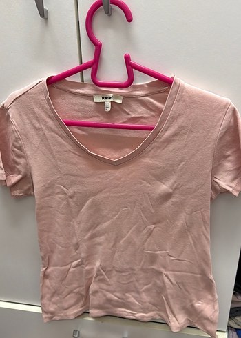 Kadın Pembe V Yakalı Kısa Kollu Tişört - Görsel 2