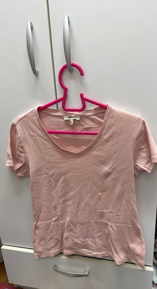 Kadın Pembe V Yakalı Kısa Kollu Tişört - Görsel 4