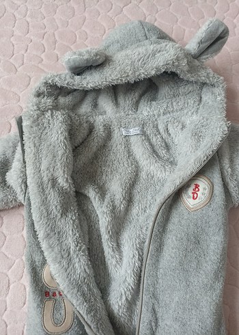 2 Adet Kapüşonlu Gri Erkek Bebek Peluş Tulumu - Görsel 5
