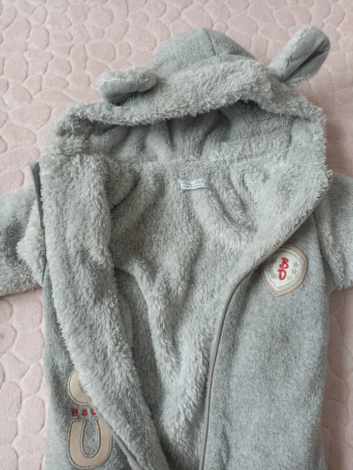 2 Adet Kapüşonlu Gri Erkek Bebek Peluş Tulumu - Görsel 5