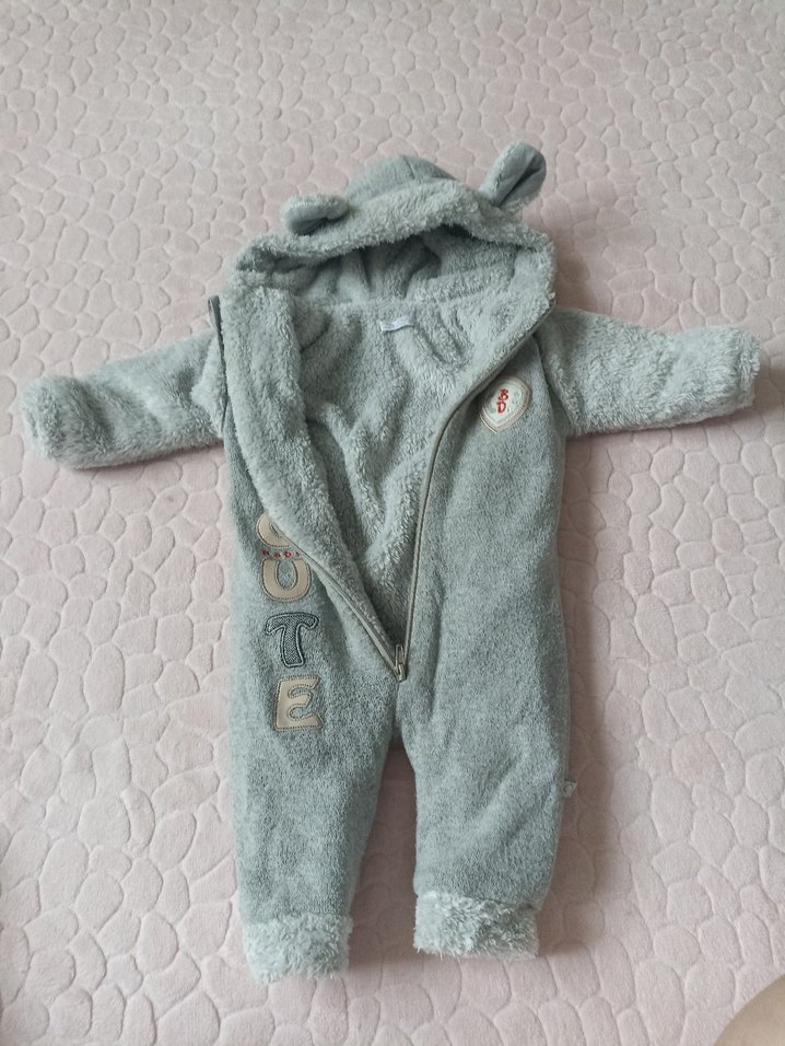 2 Adet Kapüşonlu Gri Erkek Bebek Peluş Tulumu - Görsel 4