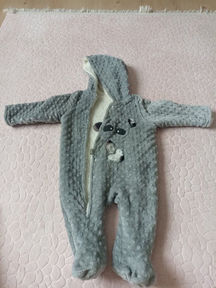 2 Adet Kapüşonlu Gri Erkek Bebek Peluş Tulumu - Görsel 2
