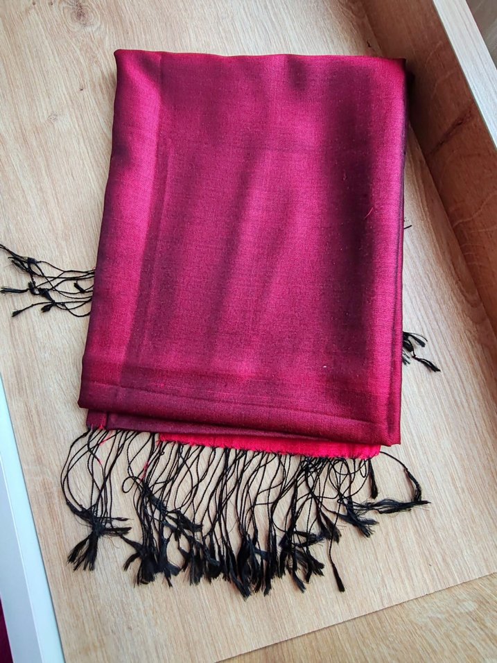 Armanda %100 İpek Bordo Siyah İpek Şal Püsküllü - Görsel 4