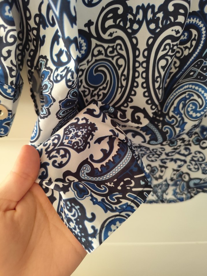 Düğmeli Mavi Desenli Bohem Kadın Gömlek - Görsel 3