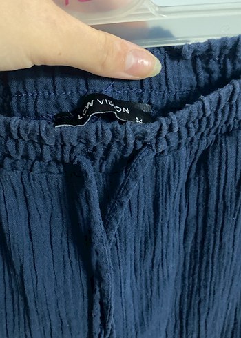 34 Beden Lacivert Kadın Keten Pilili Rahat Pantolon